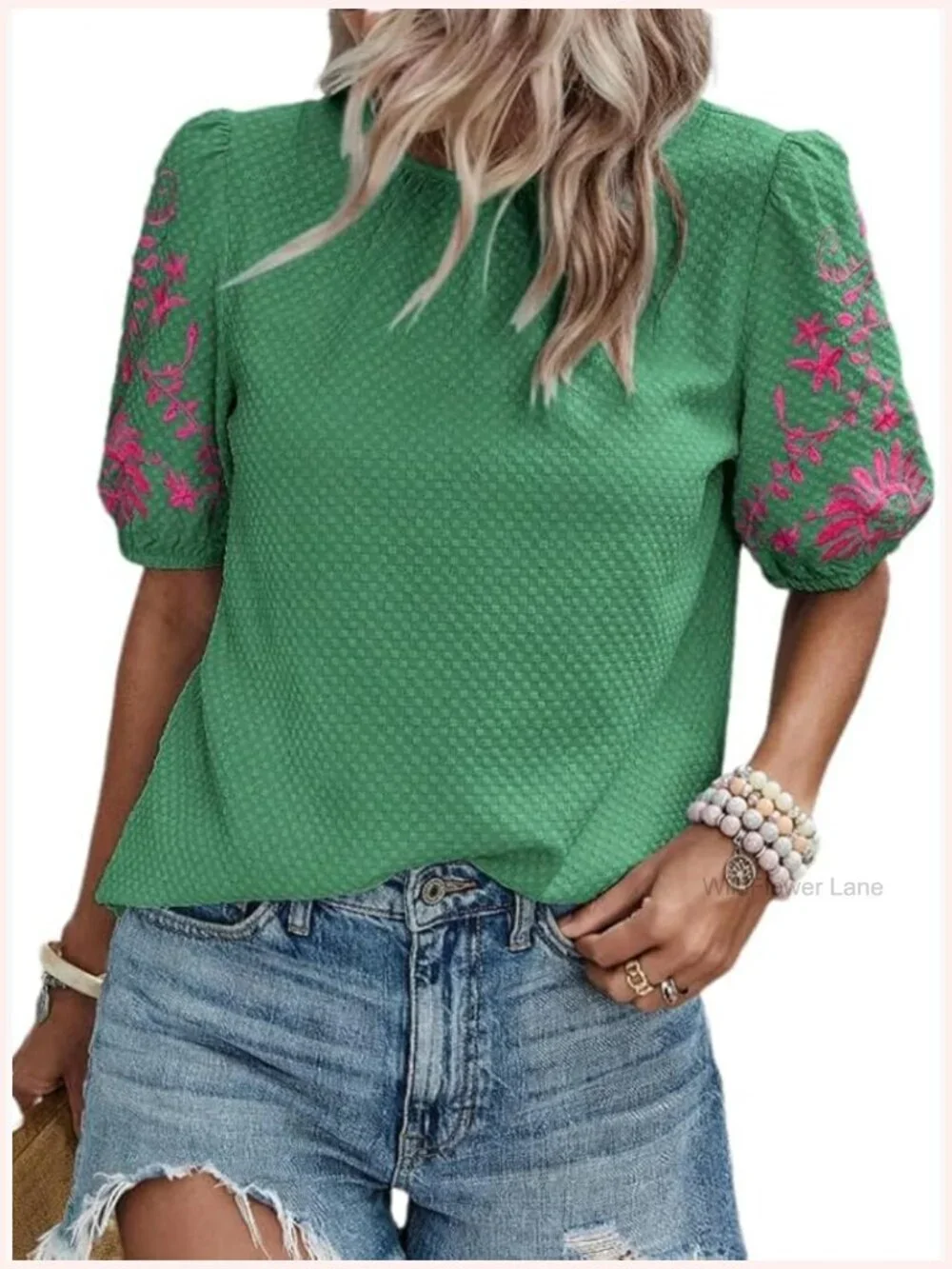 Crewneck Puff Short Sleeve Embroidered Blouse Tunic Top Loose Fit